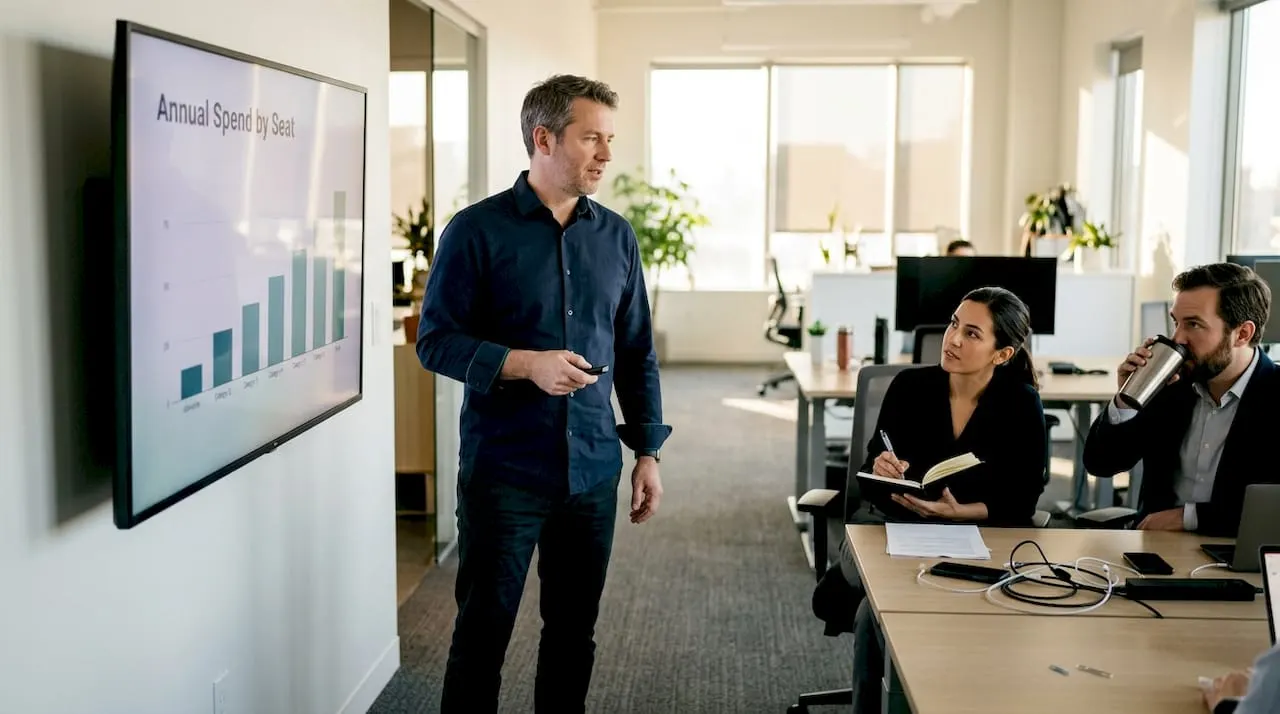 Revenue team discussing annual pricing chart