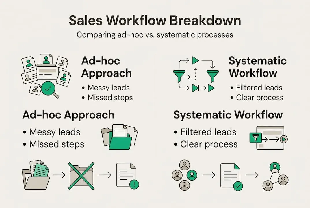 Infographic comparing ad-hoc and systematic workflows