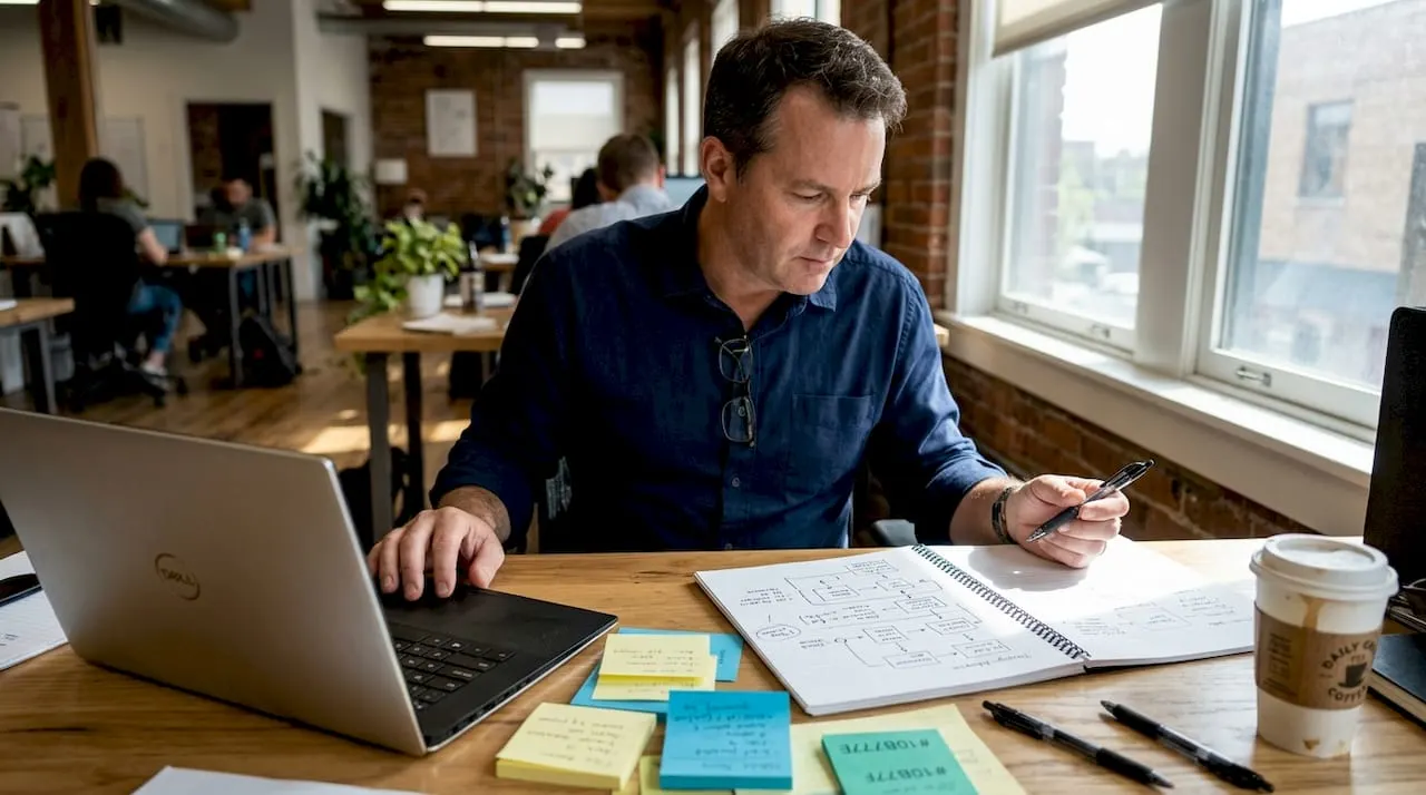 Man mapping sales workflow with laptop and notebook